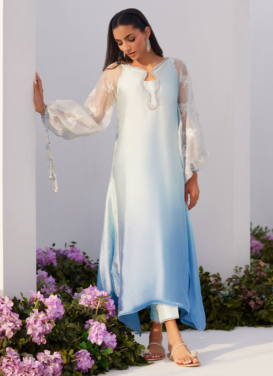 Farah Talib Aziz | Zaza Luxe Pret 24 | BOW OMBRE BLUE EMBELLISHED KAFTAN CUT SHIRT - Ladies Clothes - Maria Faisal