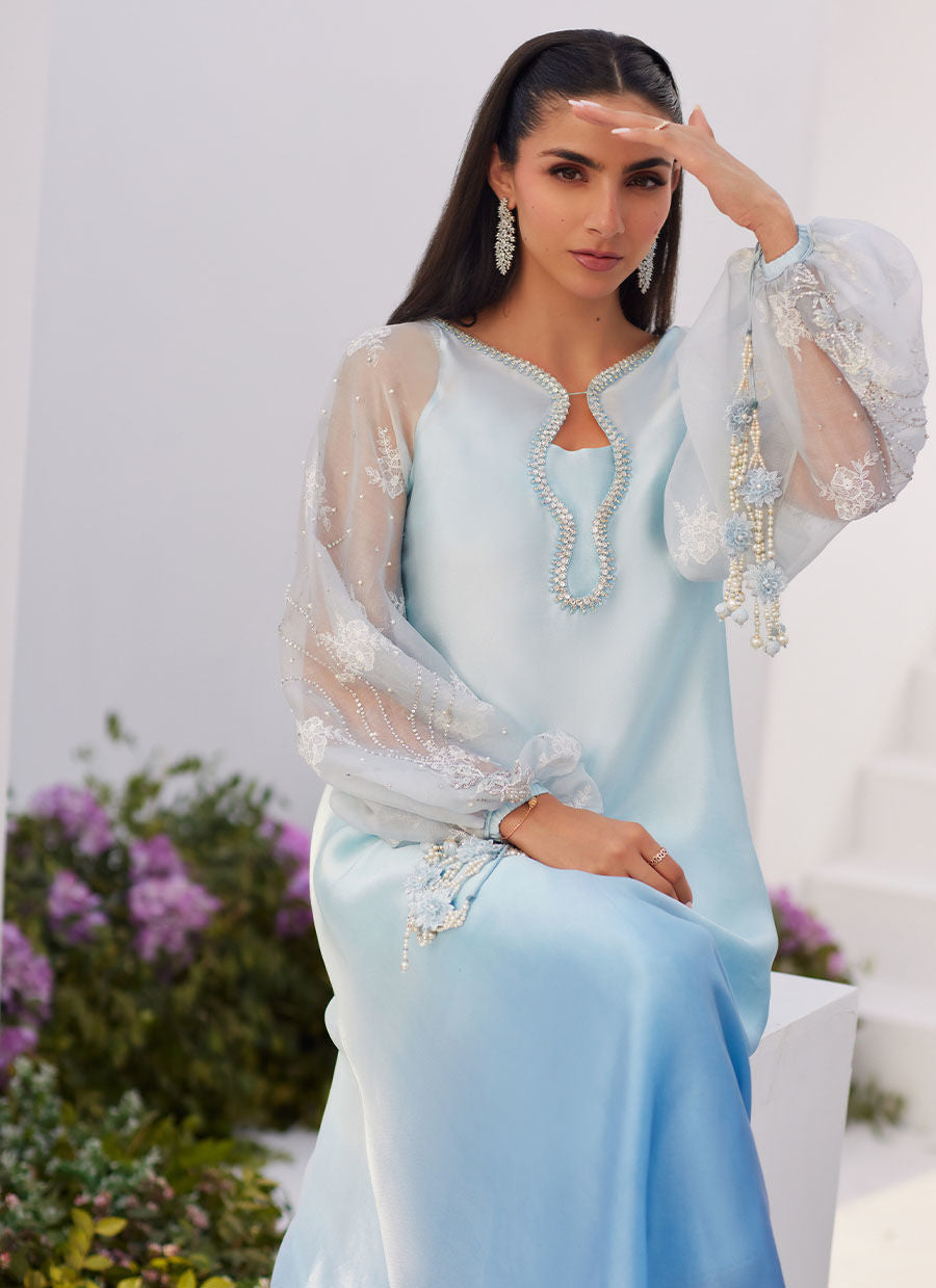 Farah Talib Aziz | Zaza Luxe Pret 24 | BOW OMBRE BLUE EMBELLISHED KAFTAN CUT SHIRT - Ladies Clothes - Maria Faisal