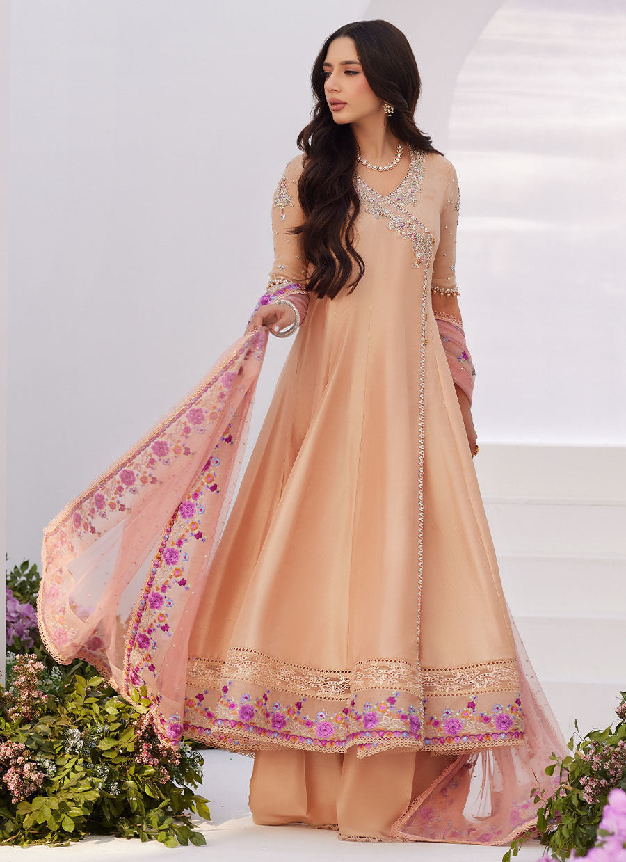 Farah Talib Aziz | Zaza Luxe Pret 24 | LISETTE FAWN EMBELLISHED RAW SILK ANGARKHA AND DUPATTA - Ladies Clothes - Maria Faisal