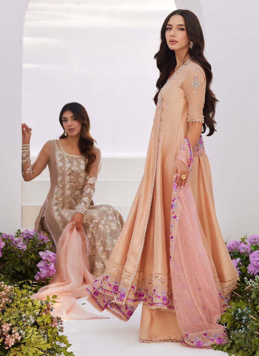 Farah Talib Aziz | Zaza Luxe Pret 24 | LISETTE FAWN EMBELLISHED RAW SILK ANGARKHA AND DUPATTA - Ladies Clothes - Maria Faisal