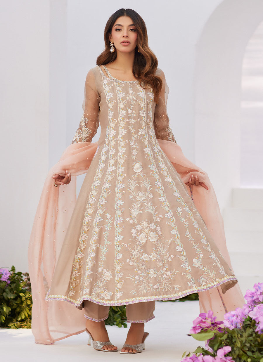 Farah Talib Aziz | Zaza Luxe Pret 24 | CHARLENE SAND EMBROIDERED KALIDAAR WITH DUPATTA - Ladies Clothes - Maria Faisal