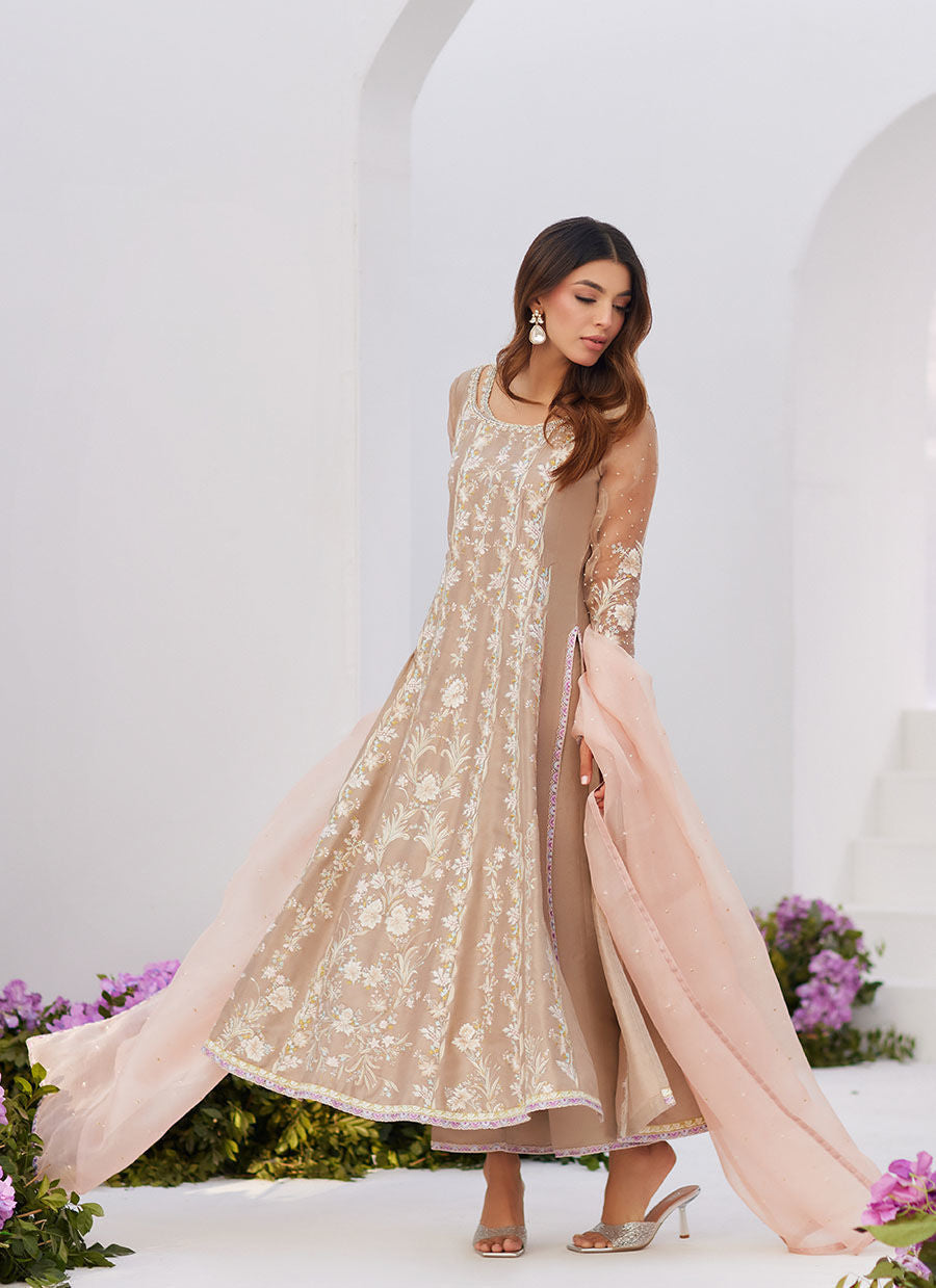 Farah Talib Aziz | Zaza Luxe Pret 24 | CHARLENE SAND EMBROIDERED KALIDAAR WITH DUPATTA - Ladies Clothes - Maria Faisal