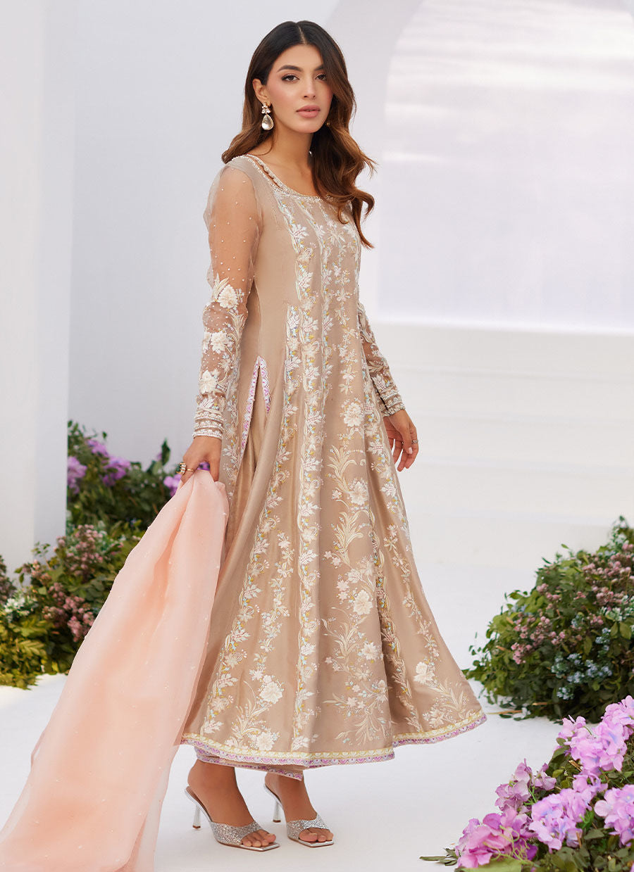 Farah Talib Aziz | Zaza Luxe Pret 24 | CHARLENE SAND EMBROIDERED KALIDAAR WITH DUPATTA - Ladies Clothes - Maria Faisal