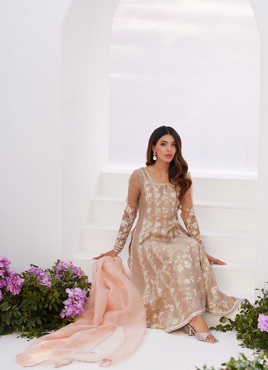 Farah Talib Aziz | Zaza Luxe Pret 24 | CHARLENE SAND EMBROIDERED KALIDAAR WITH DUPATTA - Ladies Clothes - Maria Faisal