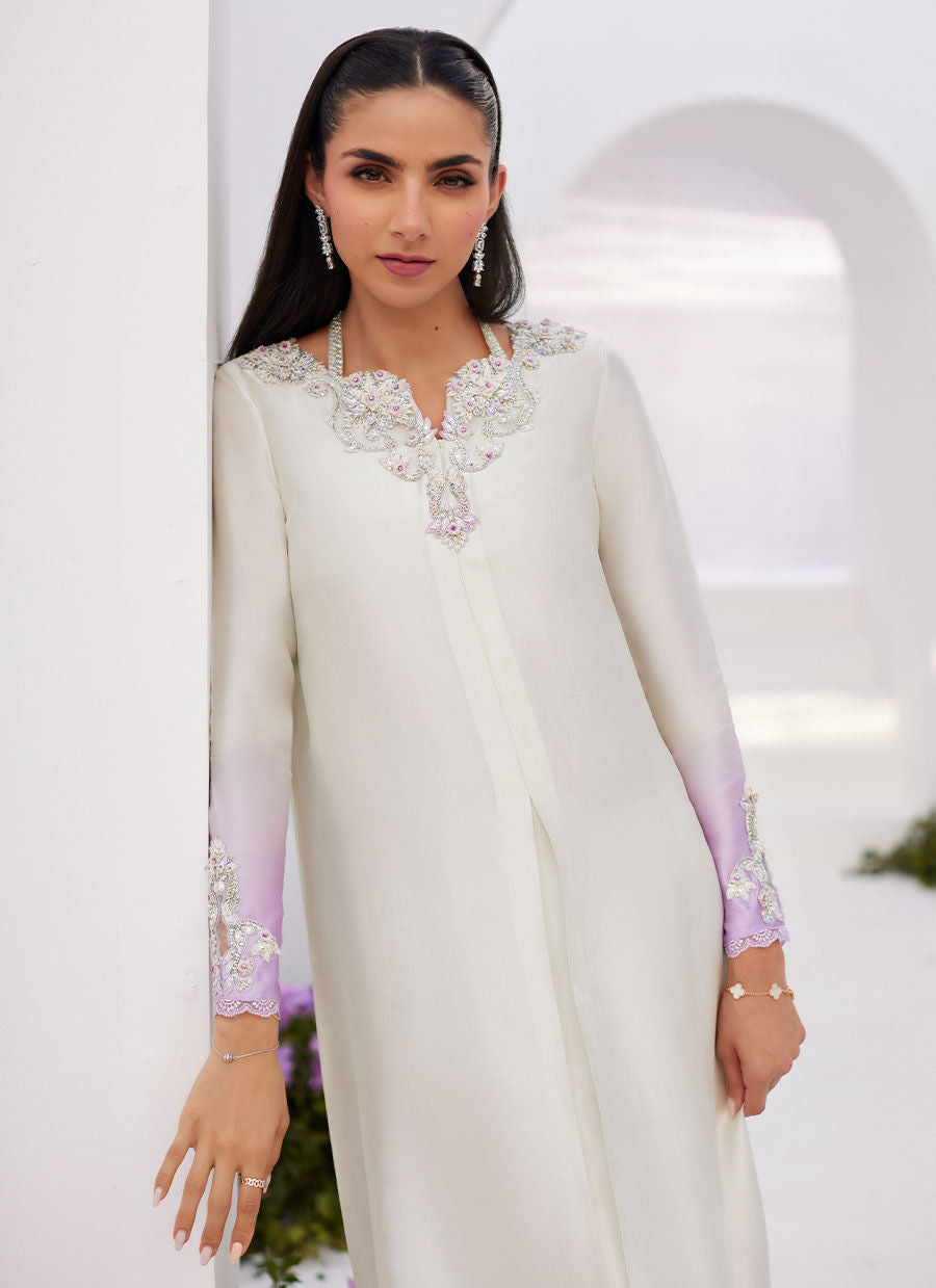 Farah Talib Aziz | Zaza Luxe Pret 24 | LIQUE SILVER OMBRE EMBELLISHED KAFTAAN CUT SHIRT - Ladies Clothes - Maria Faisal