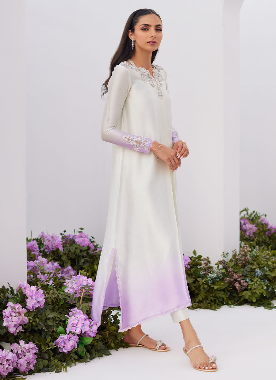 Farah Talib Aziz | Zaza Luxe Pret 24 | LIQUE SILVER OMBRE EMBELLISHED KAFTAAN CUT SHIRT - Ladies Clothes - Maria Faisal