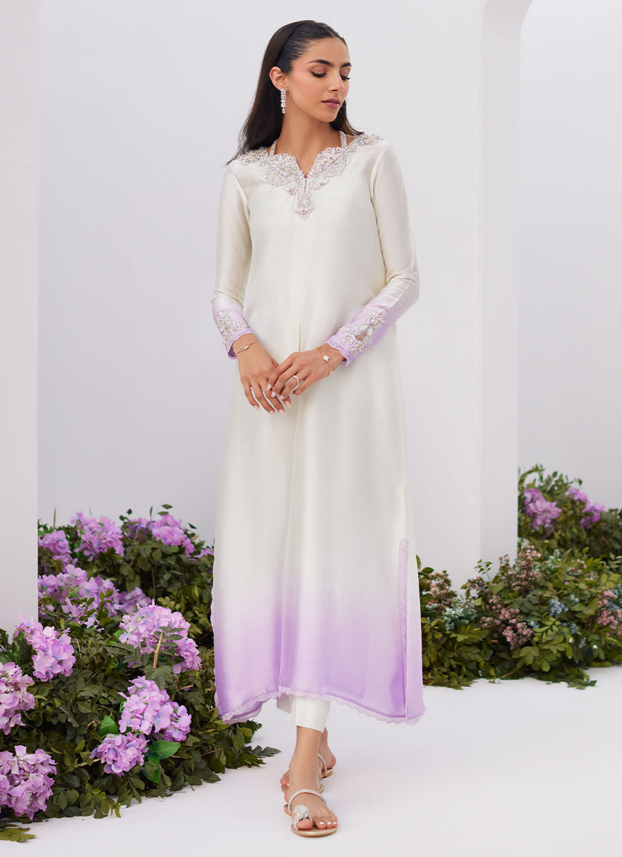 Farah Talib Aziz | Zaza Luxe Pret 24 | LIQUE SILVER OMBRE EMBELLISHED KAFTAAN CUT SHIRT - Ladies Clothes - Maria Faisal