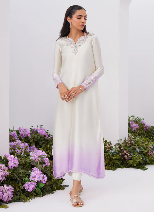 Farah Talib Aziz | Zaza Luxe Pret 24 | LIQUE SILVER OMBRE EMBELLISHED KAFTAAN CUT SHIRT - Ladies Clothes - Maria Faisal