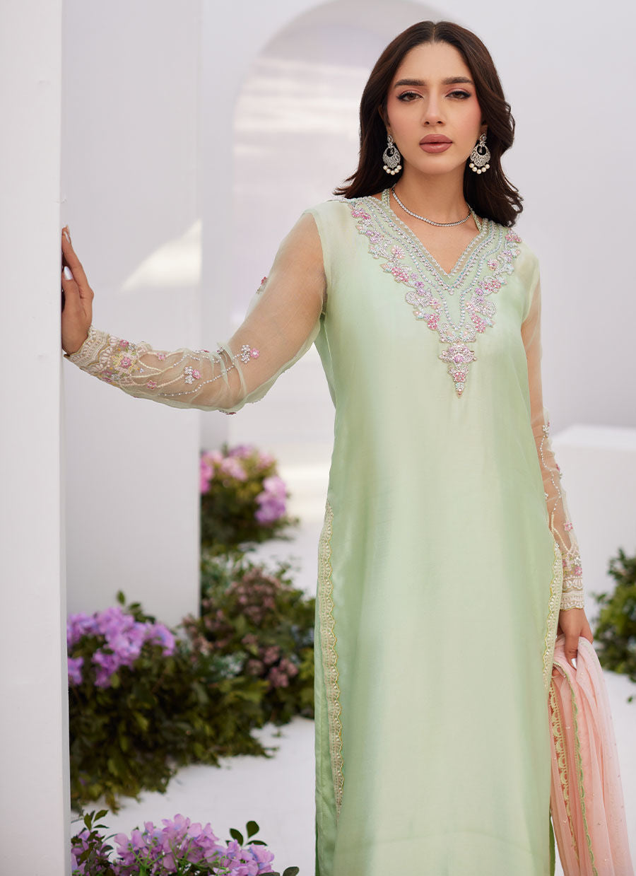 Farah Talib Aziz | Zaza Luxe Pret 24 | COLLETTE MINT OMBRE EMBELLISHED COLUMN SHIRT WITH KALIDAAR WITH EMBROIDERED SLIP - Ladies Clothes - Maria Faisal