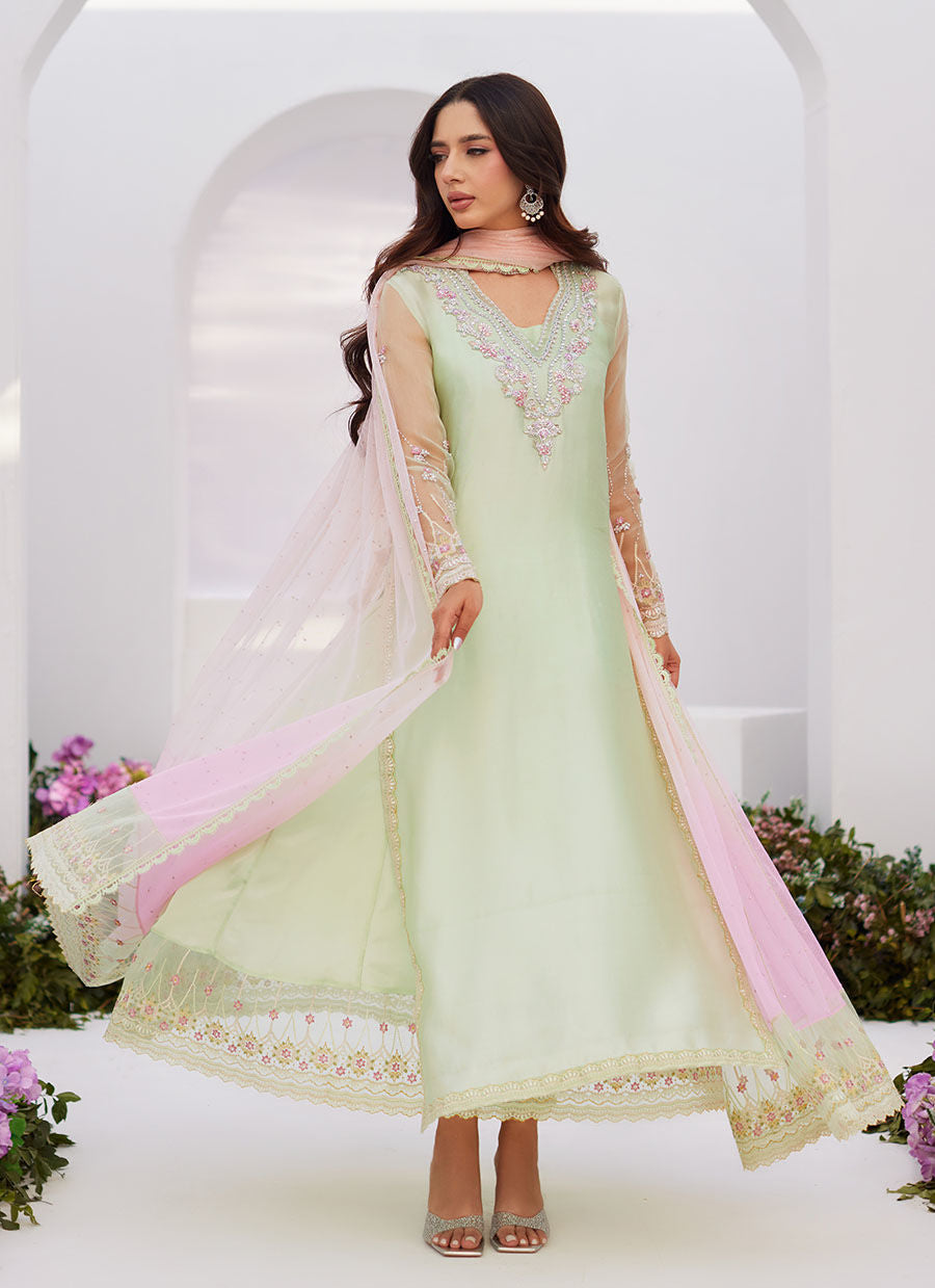 Farah Talib Aziz | Zaza Luxe Pret 24 | COLLETTE MINT OMBRE EMBELLISHED COLUMN SHIRT WITH KALIDAAR WITH EMBROIDERED SLIP - Ladies Clothes - Maria Faisal