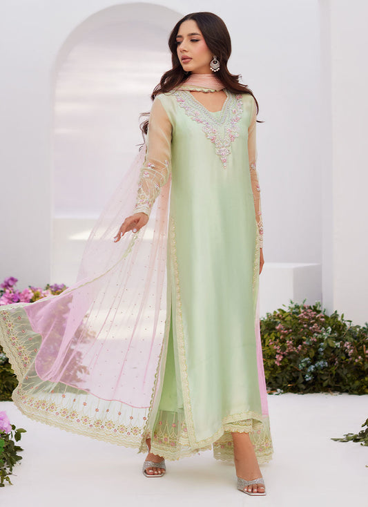 Farah Talib Aziz | Zaza Luxe Pret 24 | COLLETTE MINT OMBRE EMBELLISHED COLUMN SHIRT WITH KALIDAAR WITH EMBROIDERED SLIP - Ladies Clothes - Maria Faisal