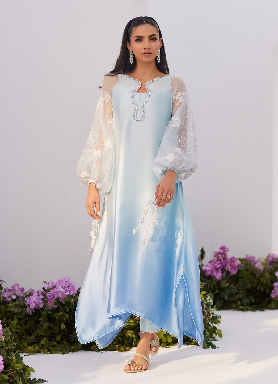 Farah Talib Aziz | Zaza Luxe Pret 24 | BOW OMBRE BLUE EMBELLISHED KAFTAN CUT SHIRT - Ladies Clothes - Maria Faisal