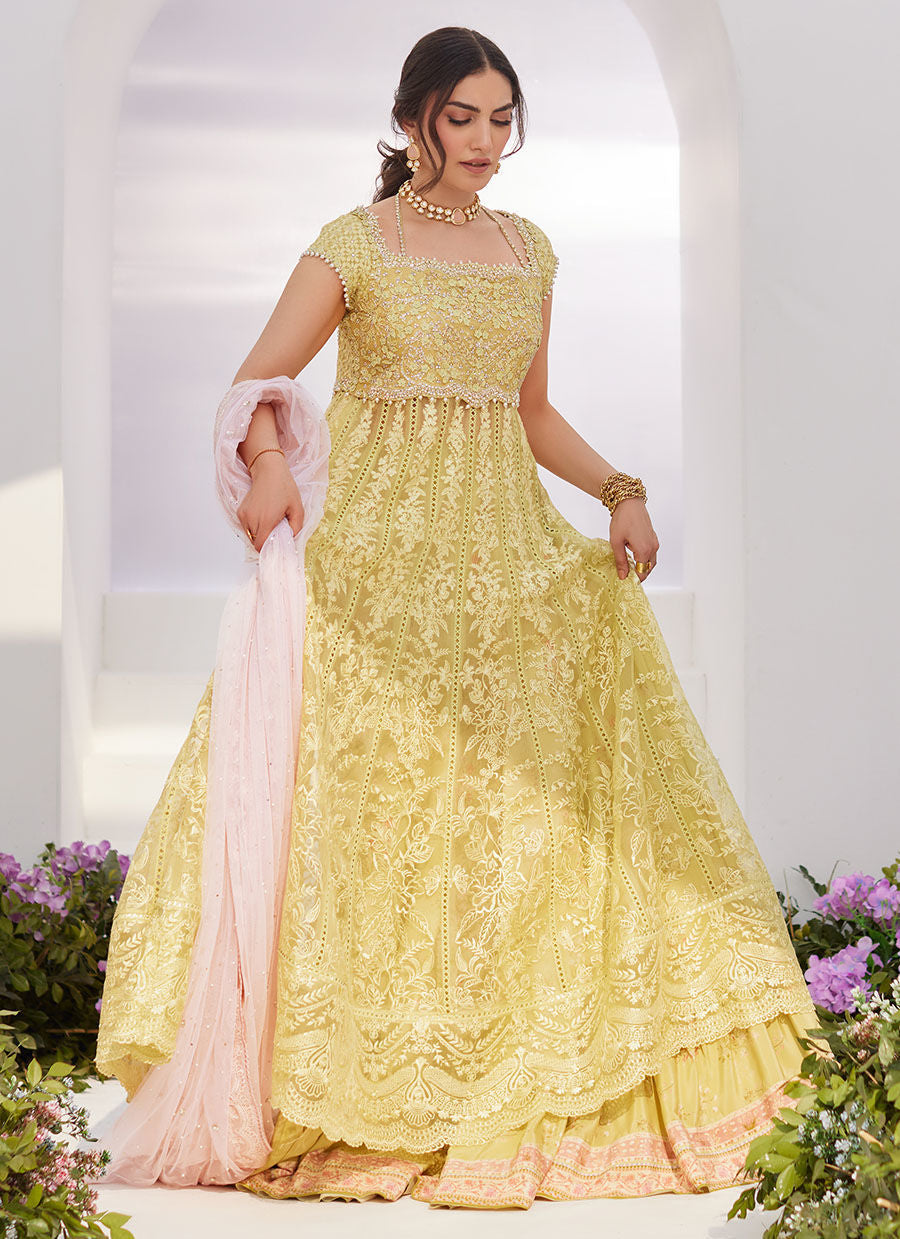 Farah Talib Aziz | Zaza Luxe Pret 24 | REINE KIWI EMBROIDERED EMBELLISHED KALIDAAR - Ladies Clothes - Maria Faisal