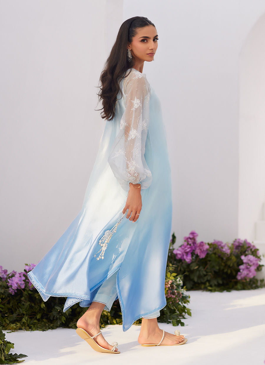 Farah Talib Aziz | Zaza Luxe Pret 24 | BOW OMBRE BLUE EMBELLISHED KAFTAN CUT SHIRT - Ladies Clothes - Maria Faisal