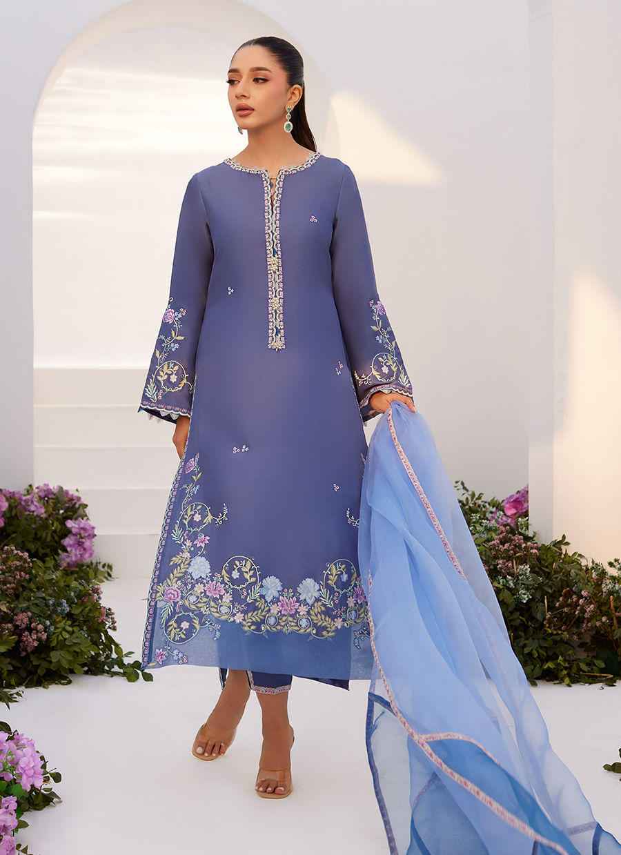 Farah Talib Aziz | Zaza Luxe Pret 24 | ALO BLUE EMBROIDERED SHIRT AND DUPATTA - Ladies Clothes - Maria Faisal