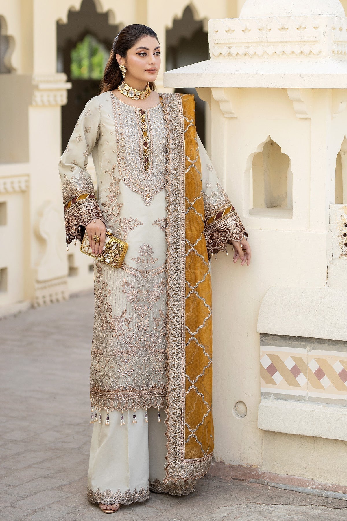 Imrozia Premium | Baad e Saba Formals | IP-50 Sheen - Designer Dress with Intricate embroidery and embellishments. Shop elegent wedding dress at Maria Faisal.