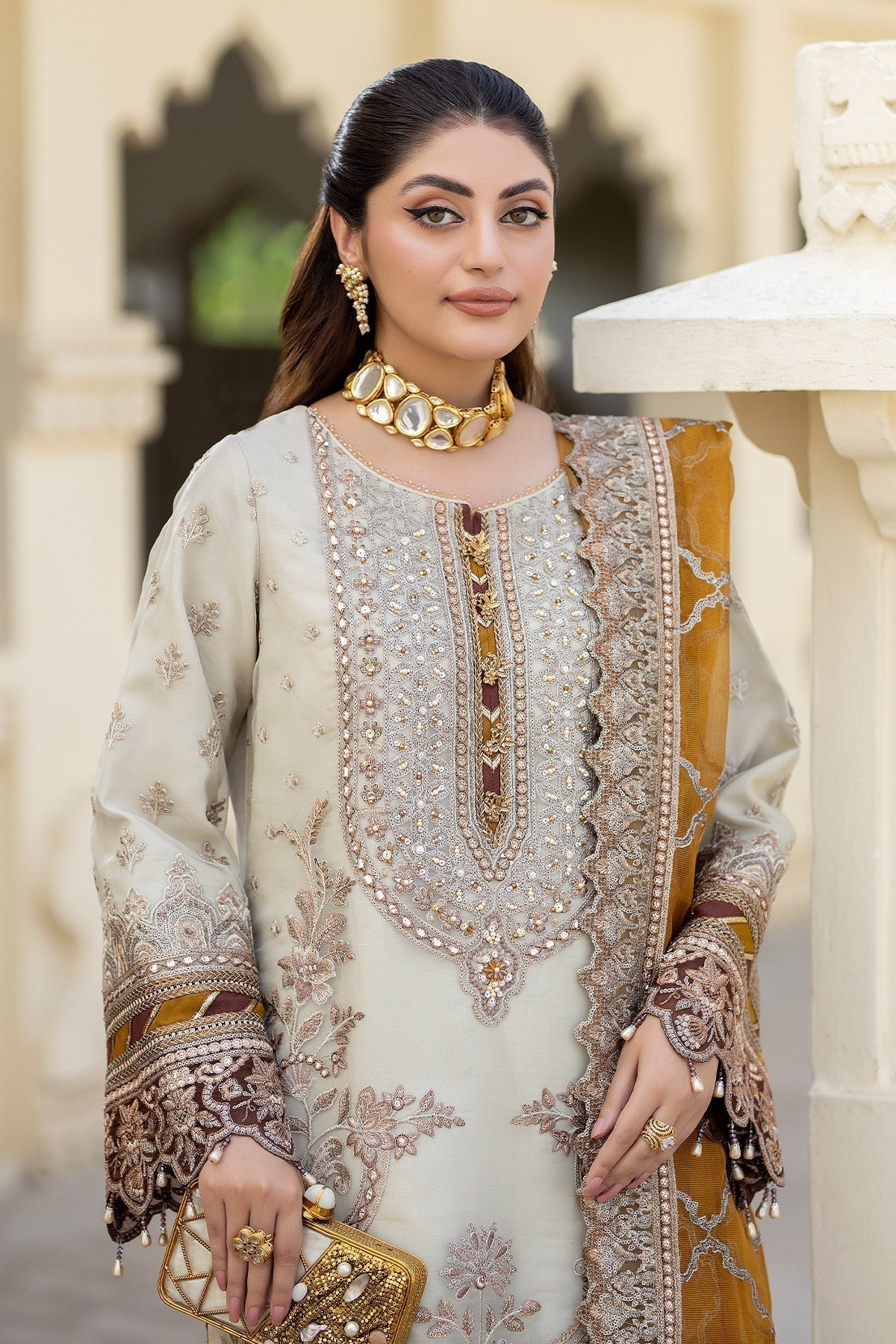 Imrozia Premium | Baad e Saba Formals | IP-50 Sheen - Designer Dress with Intricate embroidery and embellishments. Shop elegent wedding dress at Maria Faisal.
