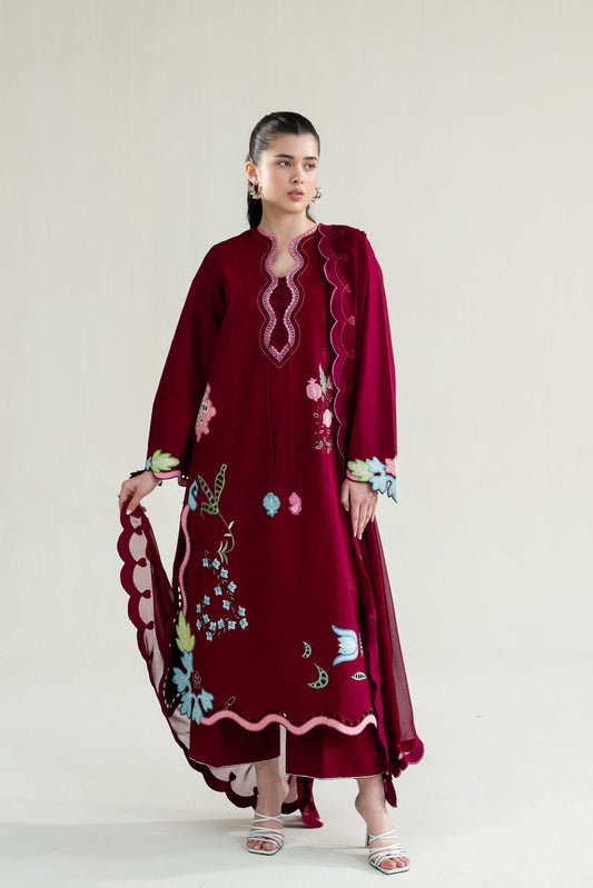 Maroon Embroidered Lawn Long Shirt - Zaib | RAMADAN 2026 READY TO WEAR  | NPA3-26409 - Luxury Dress - available at Maria Faisal in UK and USA.