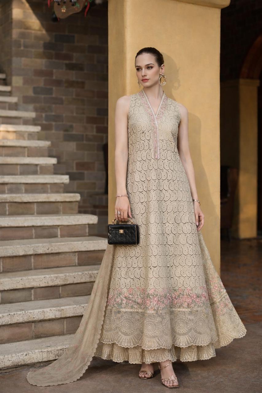 Saadia Asad | Luxury Eid Schiffli Laserkari 26 | D5 - A - Lunaria - Luxury Dress - available at Maria Faisal in UK and USA.