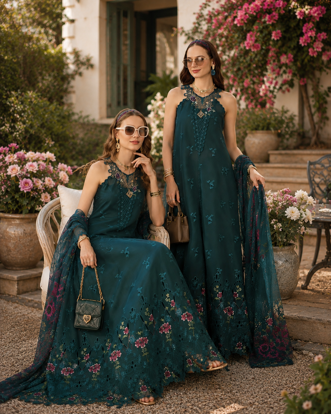 Noor by Saadia Asad | Noor Eid Printskhas 26 | D6  Coblat Teal - Luxury Dress - available at Maria Faisal in UK and USA.
