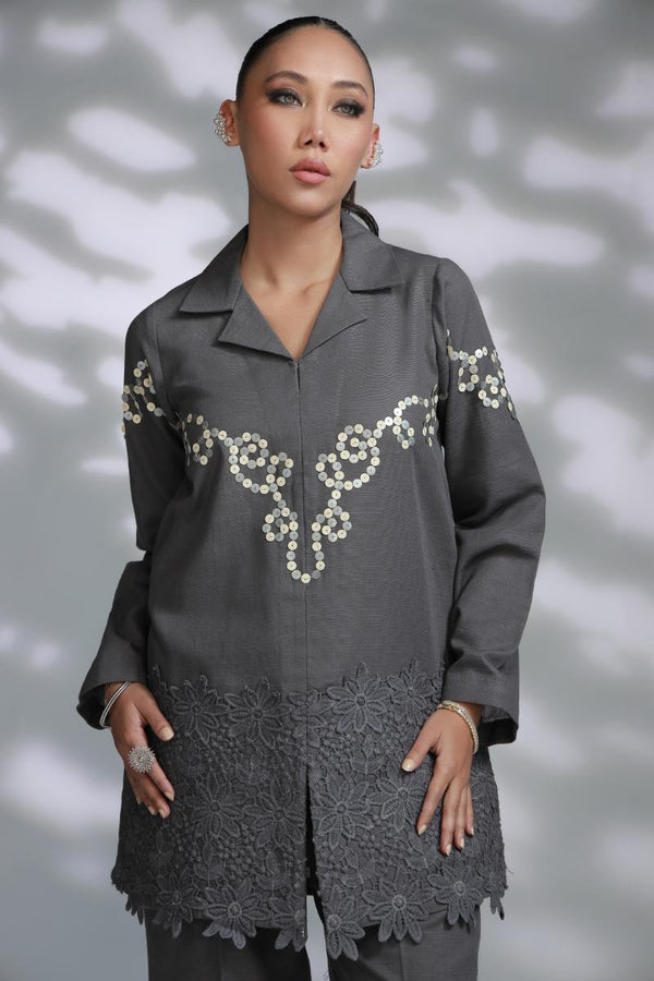 Sana Abbas | La Fiesta A W Pret | Mist - Dress - available at Maria Faisal in UK and USA.