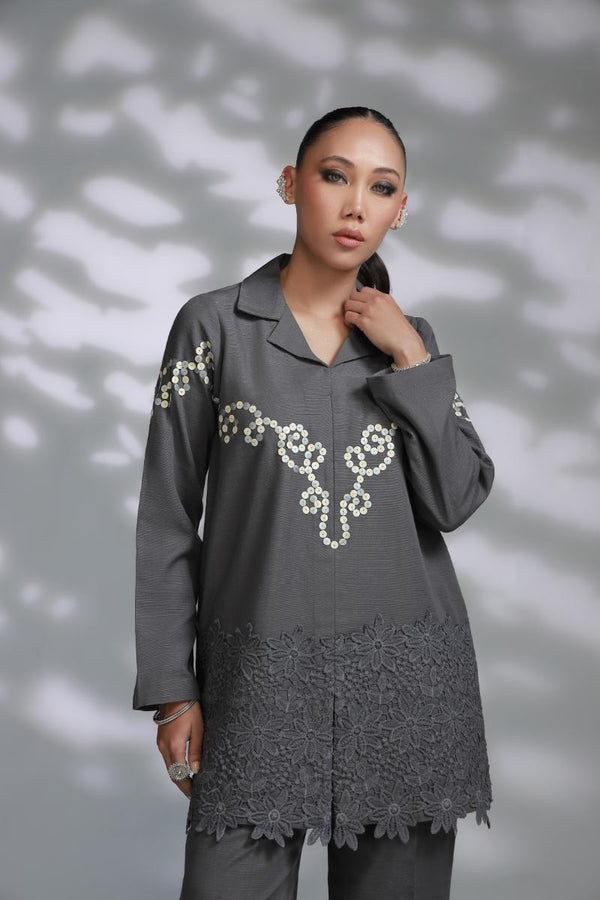 Sana Abbas | La Fiesta A W Pret | Mist - Dress - available at Maria Faisal in UK and USA.