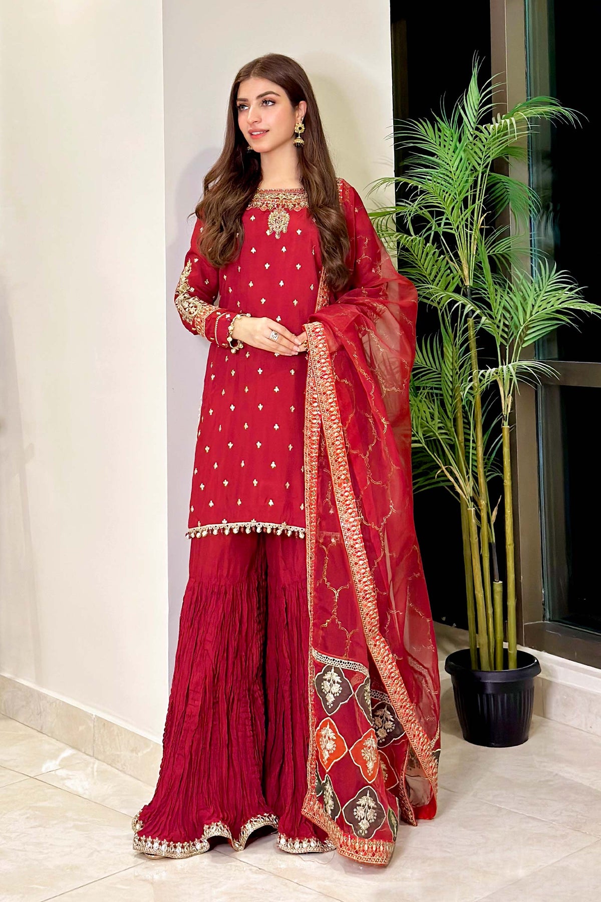 Maria B | Luxury Formals | SF-EA23-18R1-Maroon - Formal Dress - available at Maria Faisal in UK and USA.