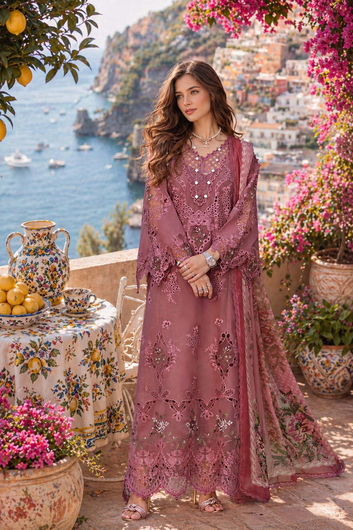 Noor by Saadia Asad | Luxury Eid Schiffli Laserkari 26 | D1 -Rose Allure - Luxury Dress - available at Maria Faisal in UK and USA.