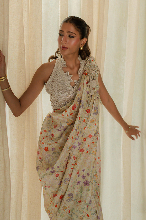 Mina Hassan | Signature Prints | Wrapped Goddess Stitched Saree