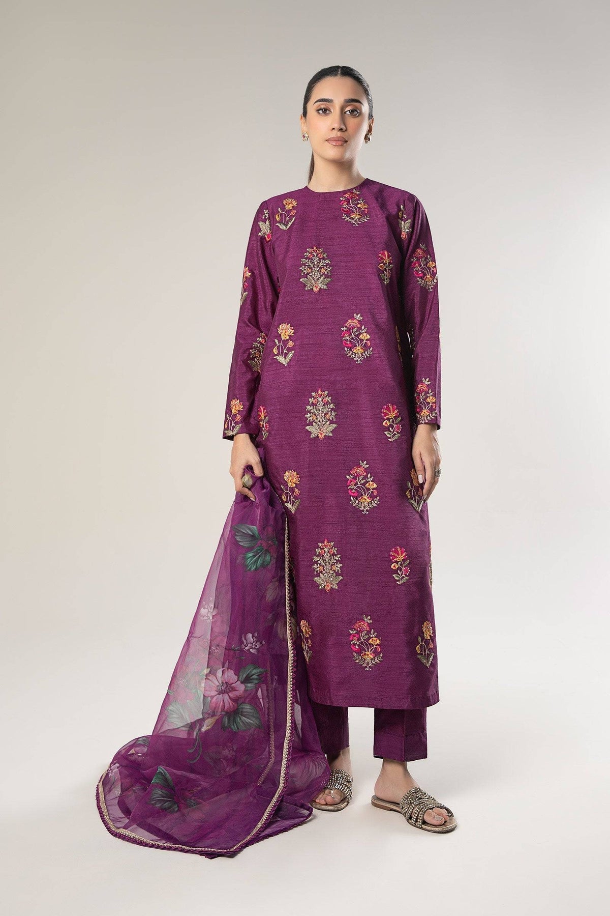 Maria B | Basics RTW | 3 Pc Embroidered Raw Silk Suit | MB-WF24-47 by Maria Faisal - Registered Vendor of : Maria B - type : Ladies Clothes - 100% original wedding dresses