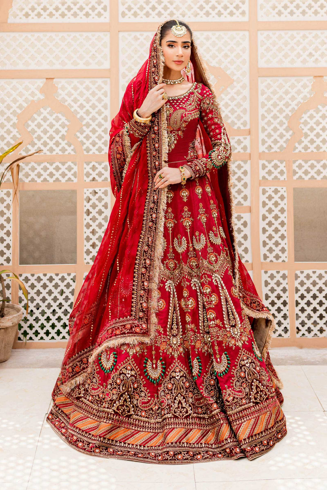 Maria B | Bridal Couture | Deep Red MC-907 - Designer Dress with Intricate embroidery and embellishments. Shop elegent wedding dress at Maria Faisal.