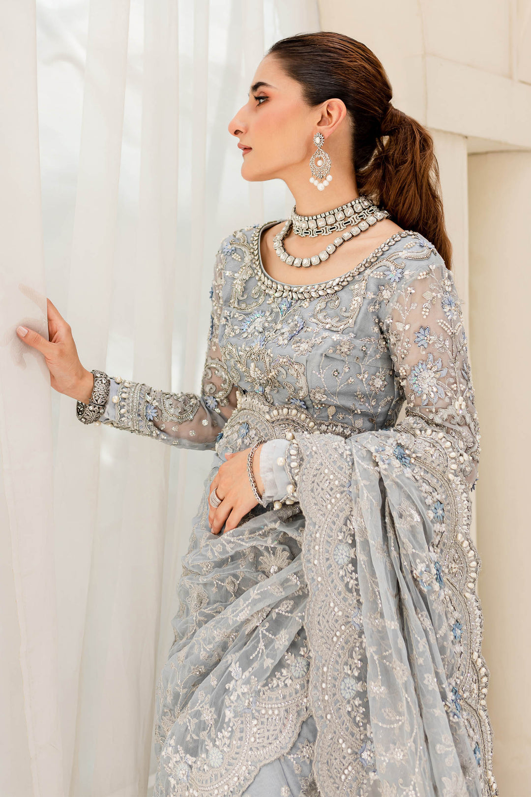 Maria B | Bridal Couture | Ice Blue MC-908 - Designer Dress with Intricate embroidery and embellishments. Shop elegent wedding dress at Maria Faisal.