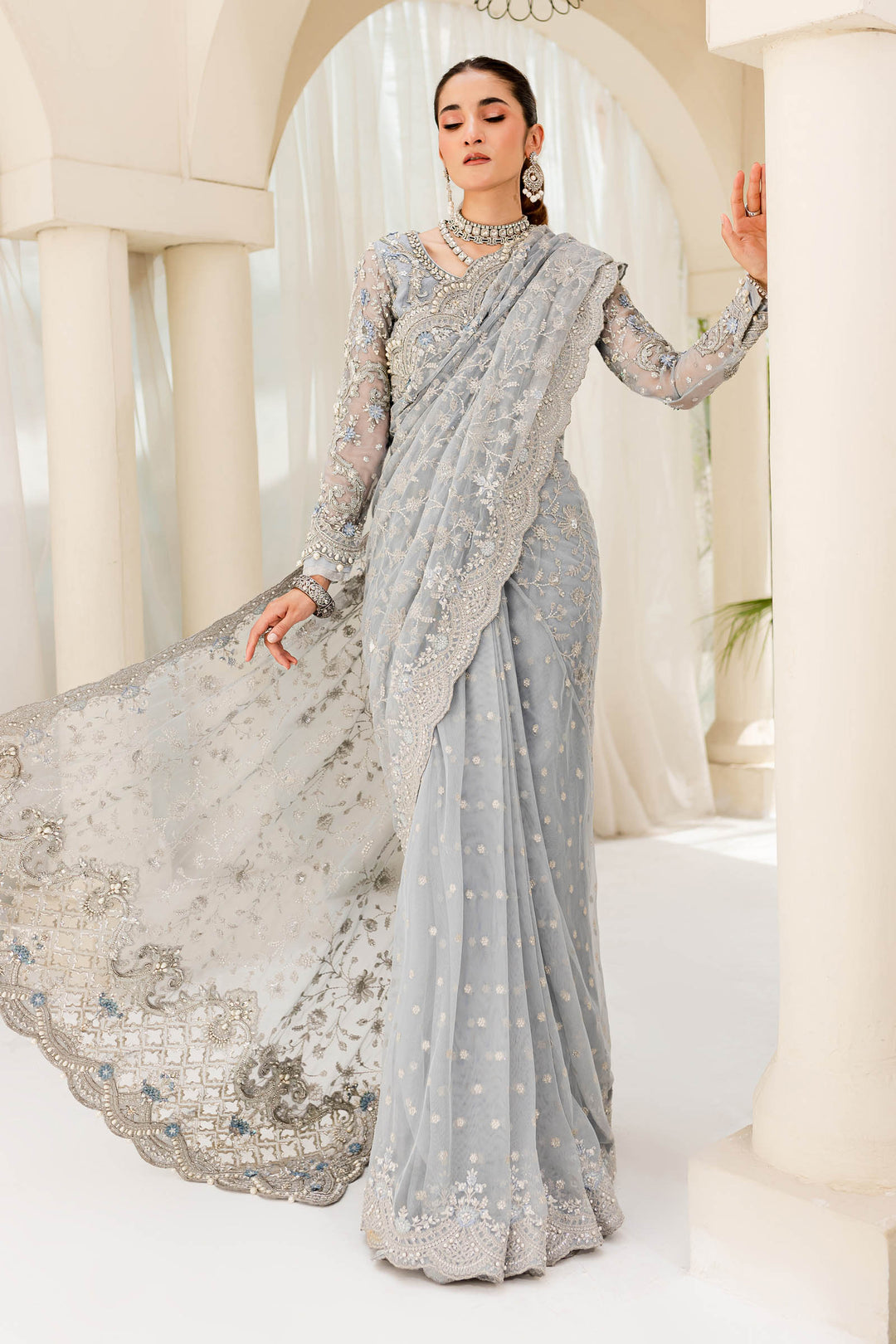 Maria B | Bridal Couture | Ice Blue MC-908 - Designer Dress with Intricate embroidery and embellishments. Shop elegent wedding dress at Maria Faisal.