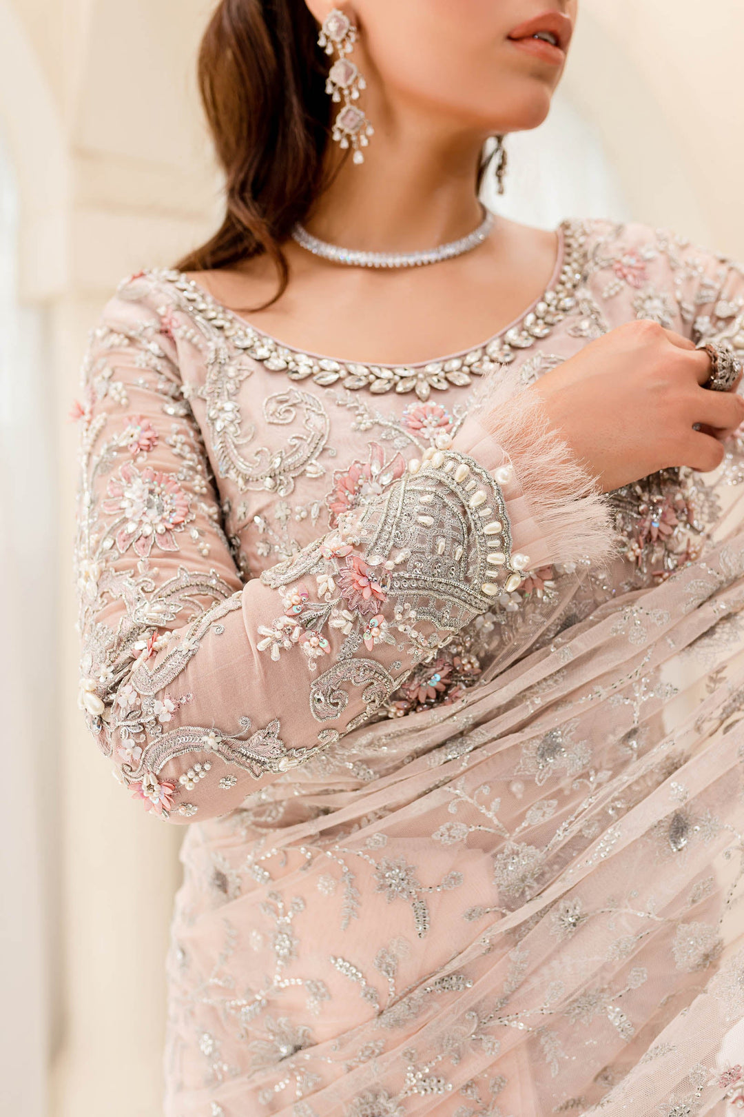 Maria B | Bridal Couture | Pale Pink MC-909 - Designer Dress with Intricate embroidery and embellishments. Shop elegent wedding dress at Maria Faisal.