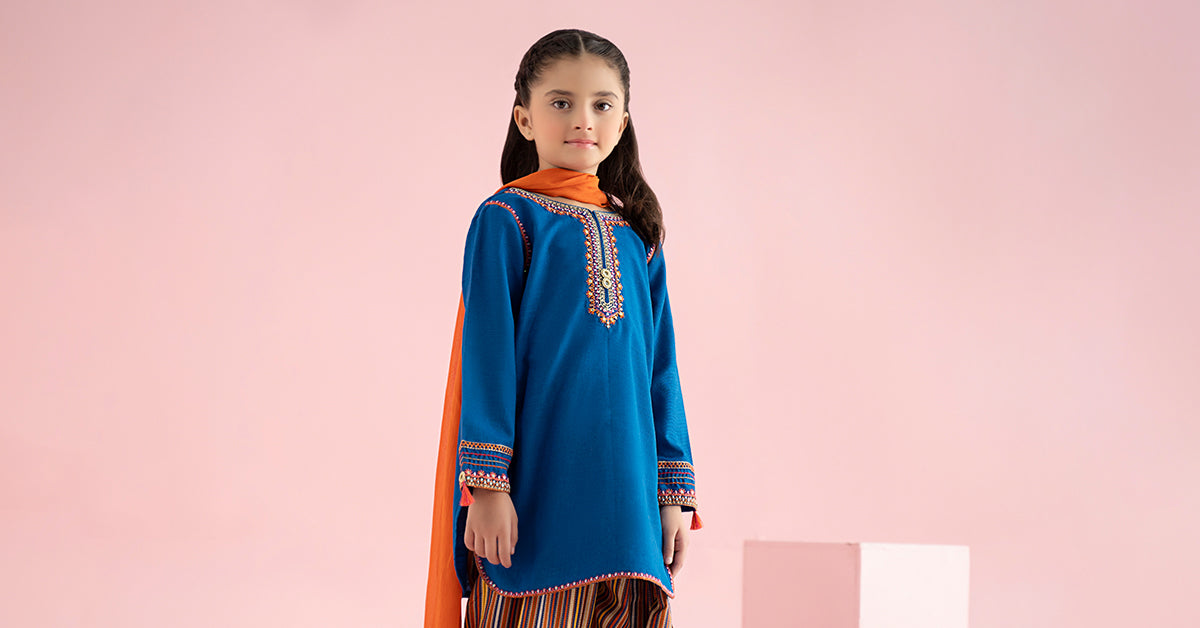 3 Piece Embroidered Slub Khaddar Suit - Kids Clothing - available at Maria Faisal in UK and USA.