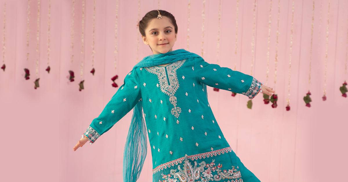 Maria B | 3 Piece Embroidered Raw Silk Suit | MKS-EF24-09 by Maria Faisal - Registered Vendor of : Maria B - type : Kids Clothes - 100% original wedding dresses