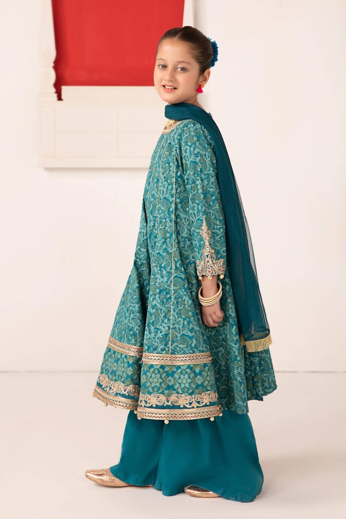 Maria B | 3 Piece Printed Raw Silk Suit | MKS-EA24-05 by Maria Faisal - Registered Vendor of : Maria B - type : Kids Clothes - 100% original wedding dresses