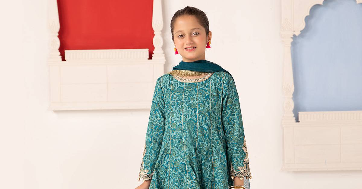 Maria B | 3 Piece Printed Raw Silk Suit | MKS-EA24-05 by Maria Faisal - Registered Vendor of : Maria B - type : Kids Clothes - 100% original wedding dresses