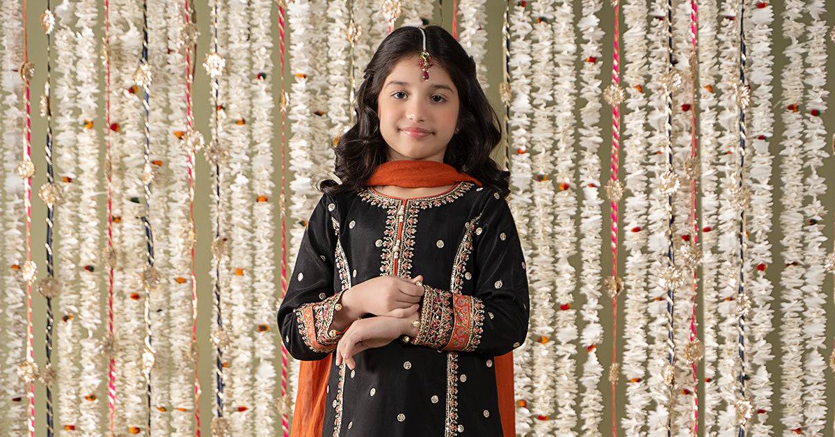 Maria B | 3 Piece Embroidered Raw Silk Suit | MKS-EF25-25 by Maria Faisal - Registered Vendor of : Maria B - type : Kids Clothes - 100% original wedding dresses