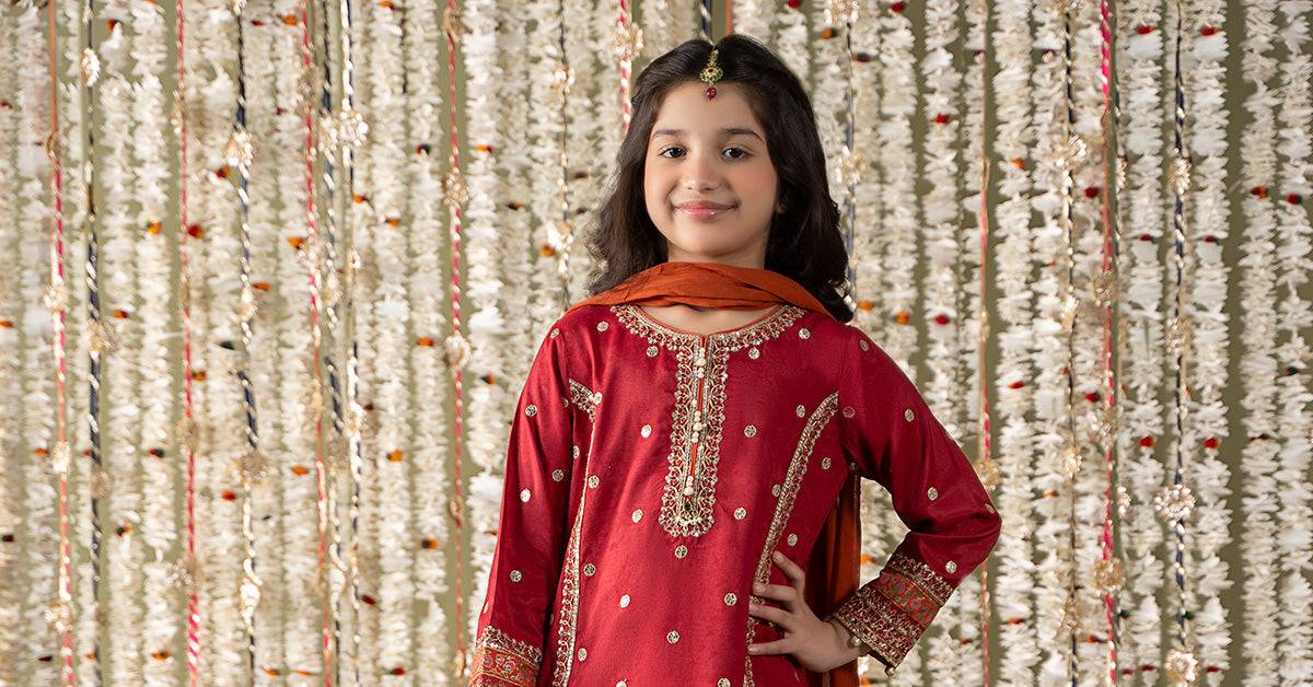 Maria B | 3 Piece Embroidered Raw Silk Suit | MKS-EF25-25 by Maria Faisal - Registered Vendor of : Maria B - type : Kids Clothes - 100% original wedding dresses