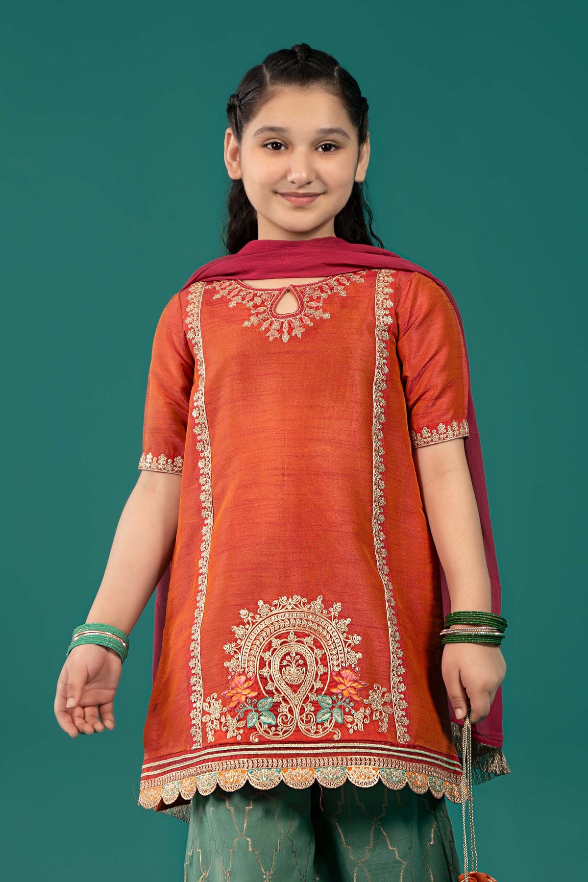3 Piece Embroidered Raw Silk Suit - Kids Clothes - available at Maria Faisal in UK and USA