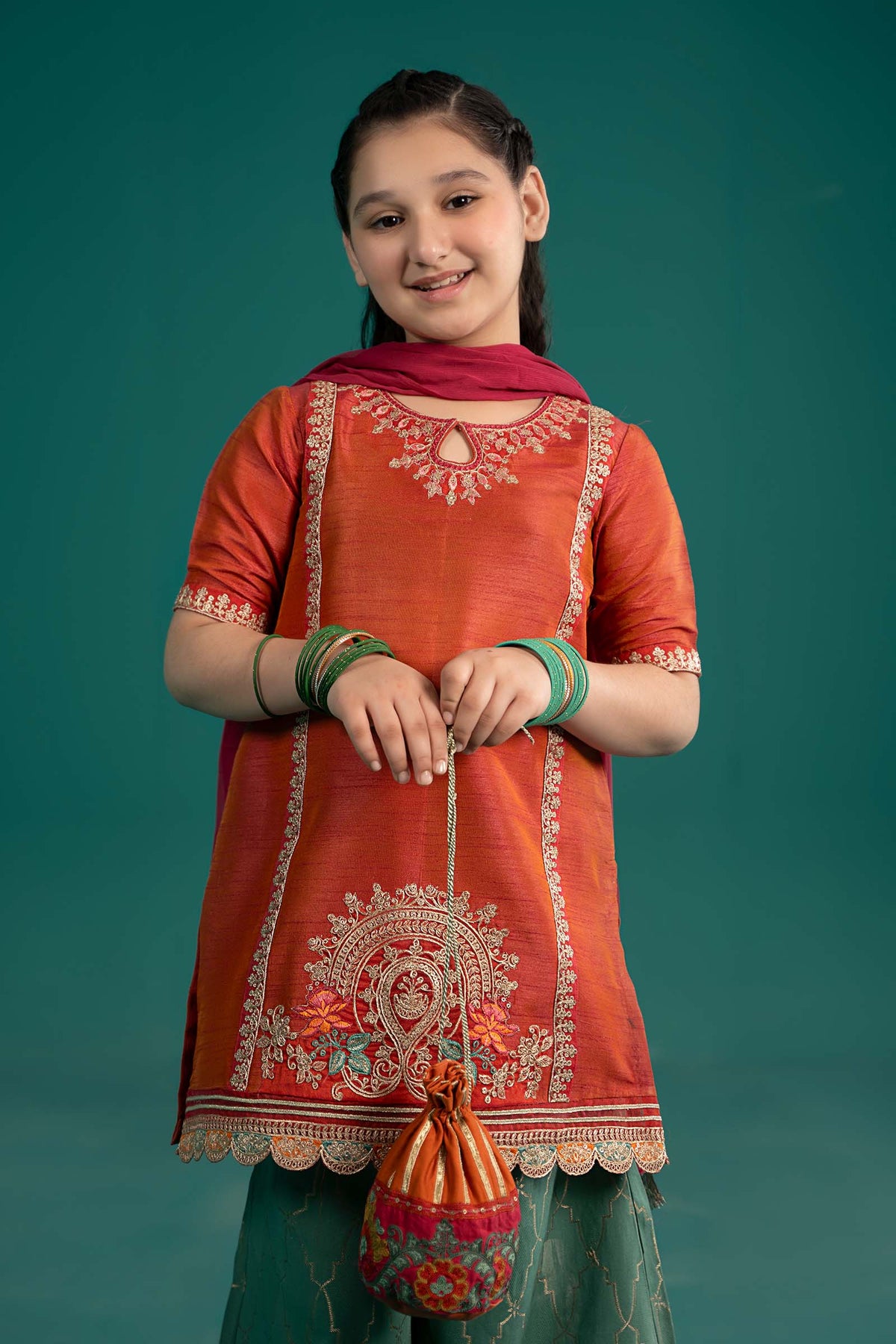 3 Piece Embroidered Raw Silk Suit - Kids Clothes - available at Maria Faisal in UK and USA