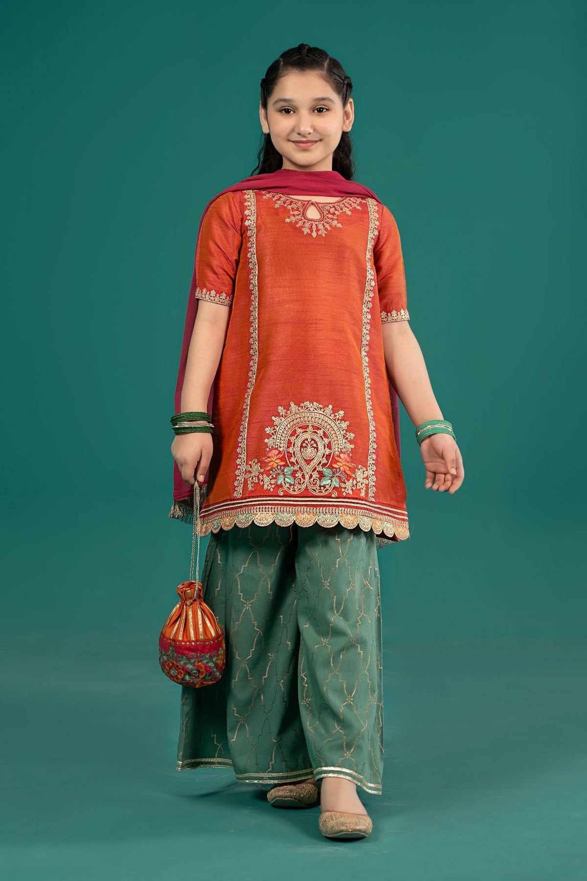 Maria B | 3 Piece Embroidered Raw Silk Suit | MKS-EF25-45 by Maria Faisal - Registered Vendor of : Maria B - type : Kids Clothes - 100% original wedding dresses