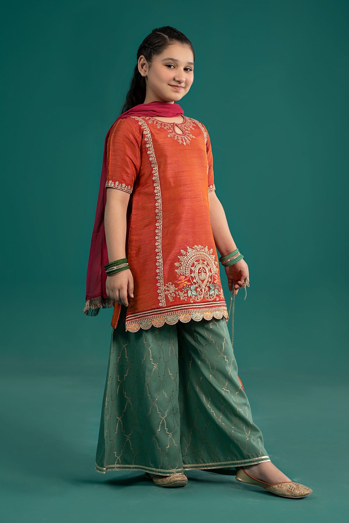 Maria B | 3 Piece Embroidered Raw Silk Suit | MKS-EF25-45 by Maria Faisal - Registered Vendor of : Maria B - type : Kids Clothes - 100% original wedding dresses