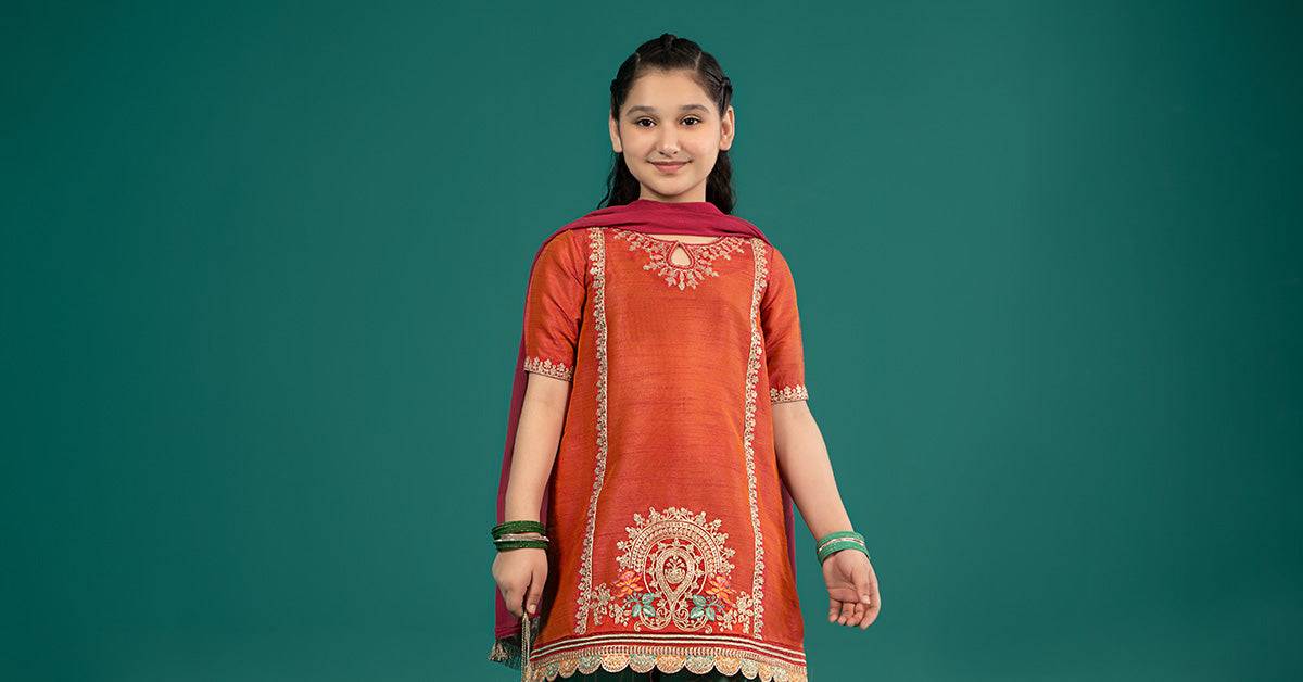 Maria B | 3 Piece Embroidered Raw Silk Suit | MKS-EF25-45 by Maria Faisal - Registered Vendor of : Maria B - type : Kids Clothes - 100% original wedding dresses
