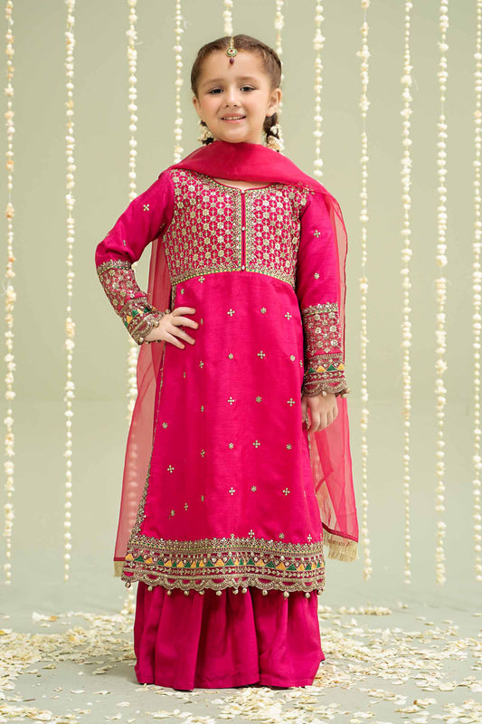 Maria B | 3 Piece Embroidered Raw Silk Suit | MKS-W24-13 by Maria Faisal - Registered Vendor of : Maria B - type : Kids Clothes - 100% original wedding dresses