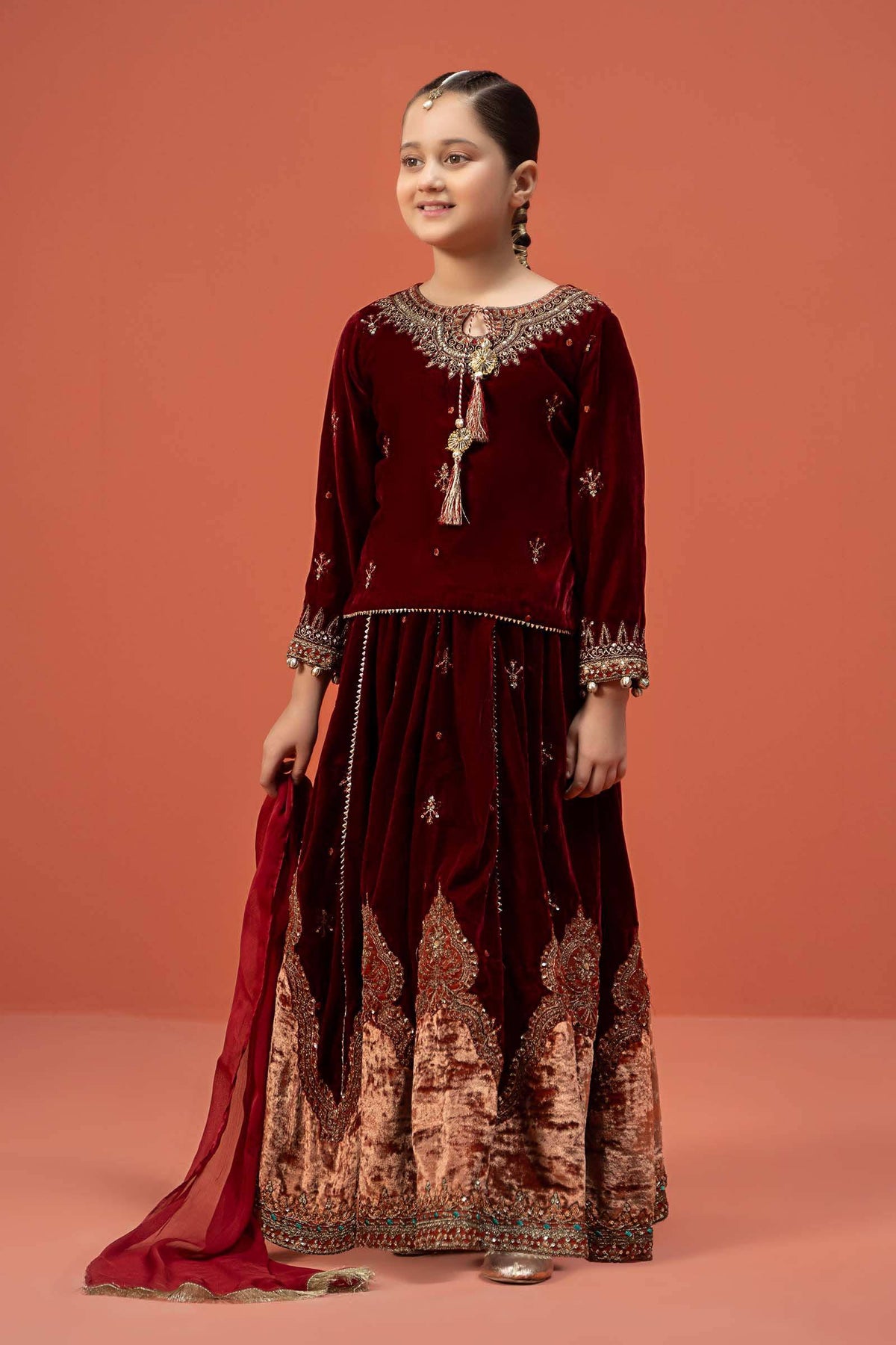 Maria B | 3 Piece Embroidered Velvet Suit | MKS-W24-14 by Maria Faisal - Registered Vendor of : Maria B - type : Kids Clothes - 100% original wedding dresses