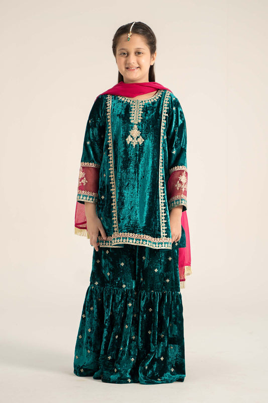 Maria B | 3 Piece Embroidered Velvet Suit | MKS-W24-16 by Maria Faisal - Registered Vendor of : Maria B - type : Kids Clothes - 100% original wedding dresses