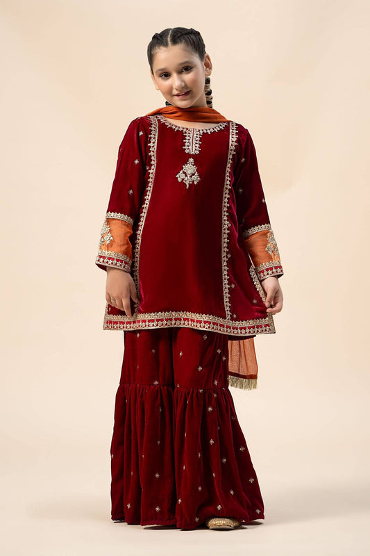 Maria B | 3 Piece Embroidered Velvet Suit | MKS-W24-16 by Maria Faisal - Registered Vendor of : Maria B - type : Kids Clothes - 100% original wedding dresses