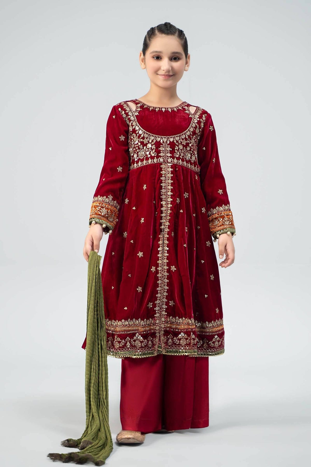 Maria B | 3 Piece Embroidered Velvet Suit | MKS-W24-17 by Maria Faisal - Registered Vendor of : Maria B - type : Kids Clothes - 100% original wedding dresses